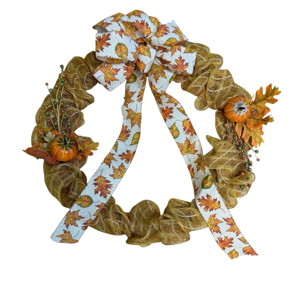 Handmade Fall Leaves & Pumpkin Deco Mesh Wreath – Gold Burlap Mesh – 21 Inches